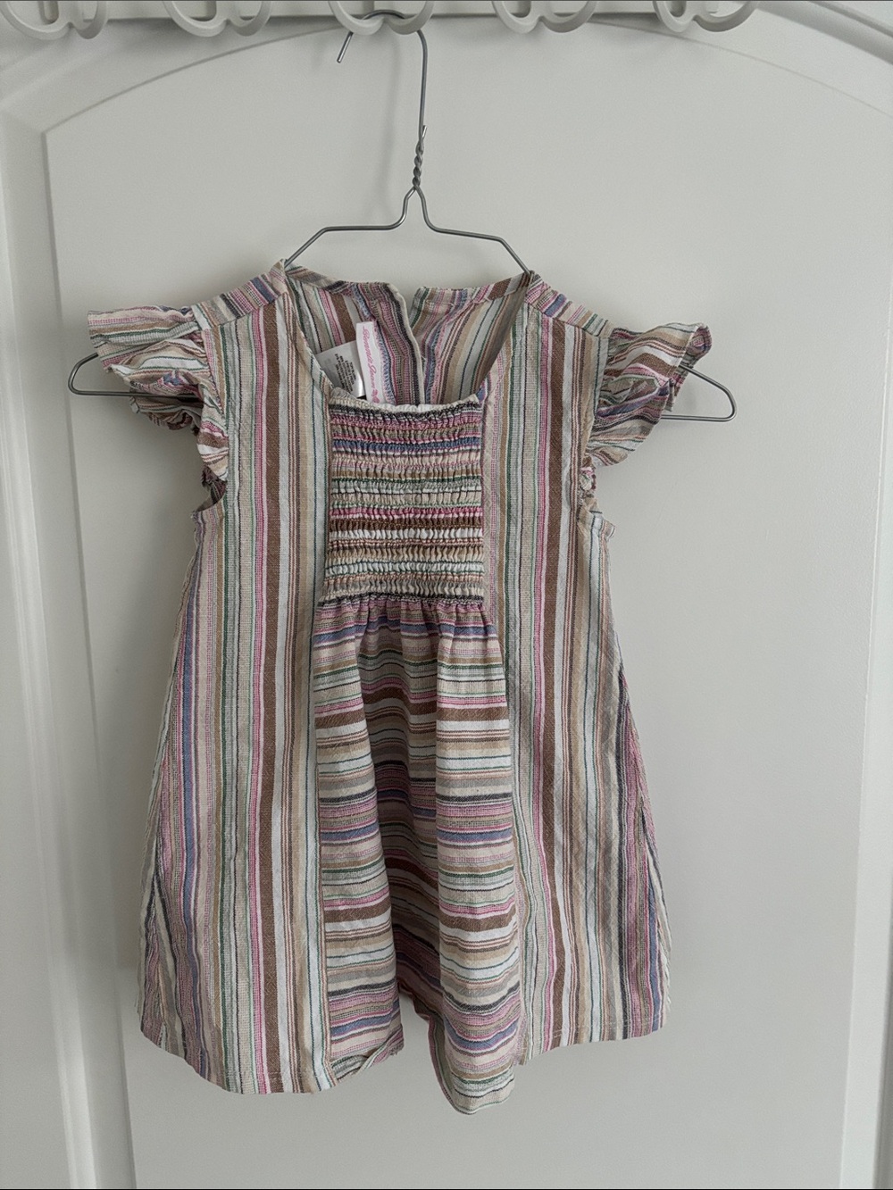 Bonnie Jean Girls Size 5 Striped Smocked Dress Linen Blend Flutter Sleeve
